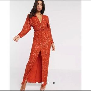 ASOS rust sequin maxi dress wrap waist front slit